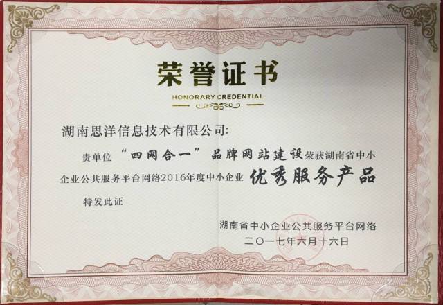 湖南思洋信息技術榮膺“2016年度中小企業優秀服務機構”網絡技術服務獎